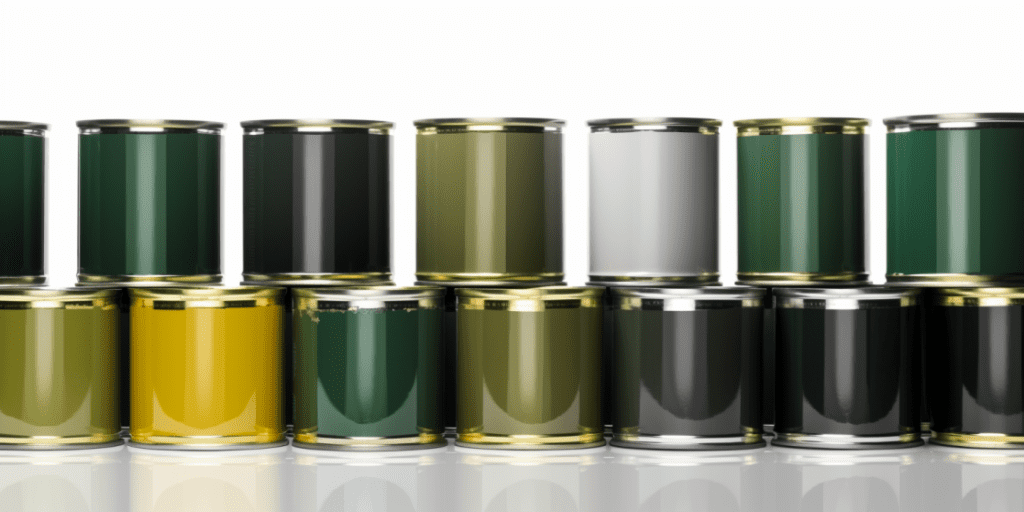 Paint cans aligned and sorted by colors